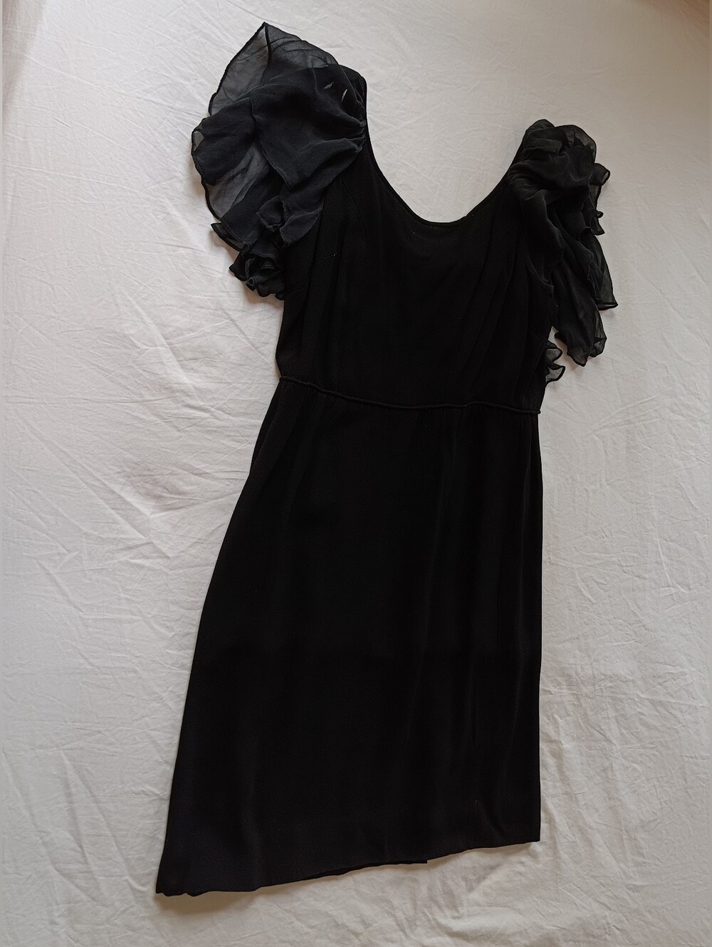 VTG 50s 60s Patt Williams NY Little Black Dress Chiffon Flutter Ruffle Back LBD